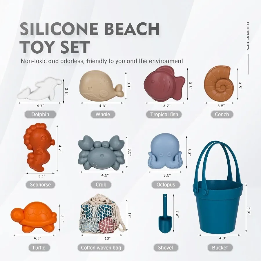 11 Uds. De juguetes de playa de silicona, juguetes modernos de playa para bebés, juego de playa amigable para viajes, juguete ecológico, pala de cubo de silicona, 8 moldes de arena