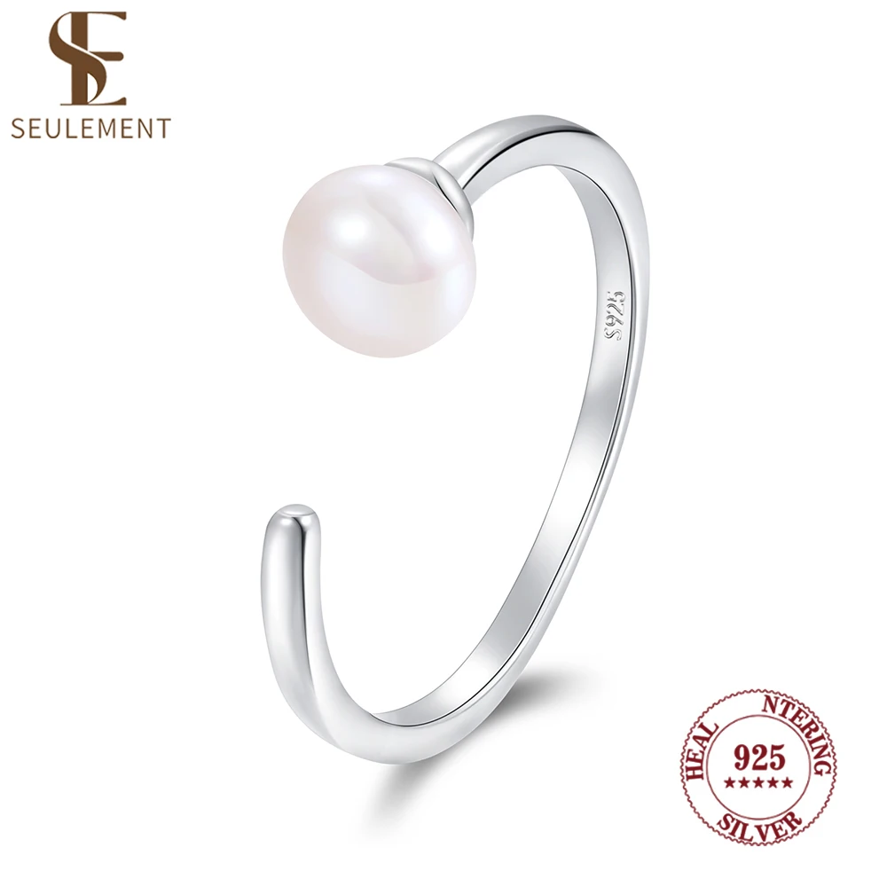 

Seulement 925 Sterling Silver Open Cuff Ring with Natural White Pearl-Minimalist Jewelry for Women Adjustable Finger Accessory
