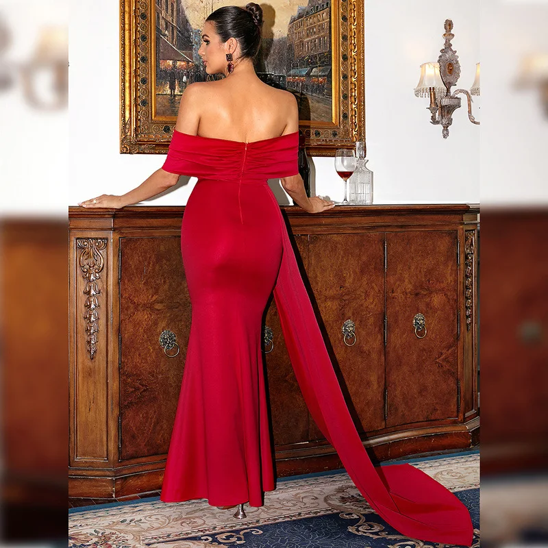 Ele Red Satin Off-oulder Long Evening Gown ort Sve High-Ne Wrap Chest Cross-Border Ladylike Faionable