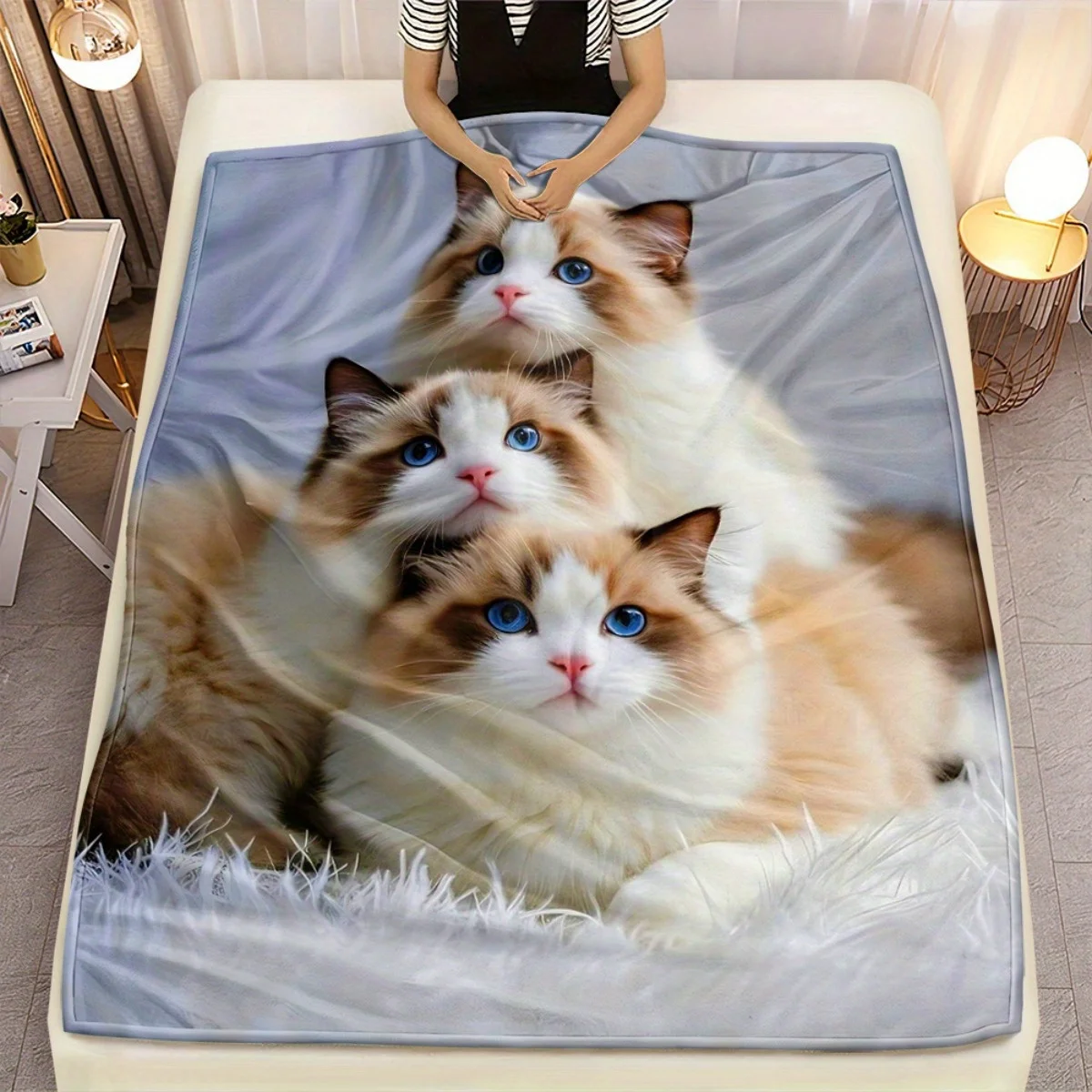 Custom Cat Blanket Three Ragdoll Cats Stacked Portrait Design Personalized Name Fleece Throw All Season Soft Warm Bedding Home