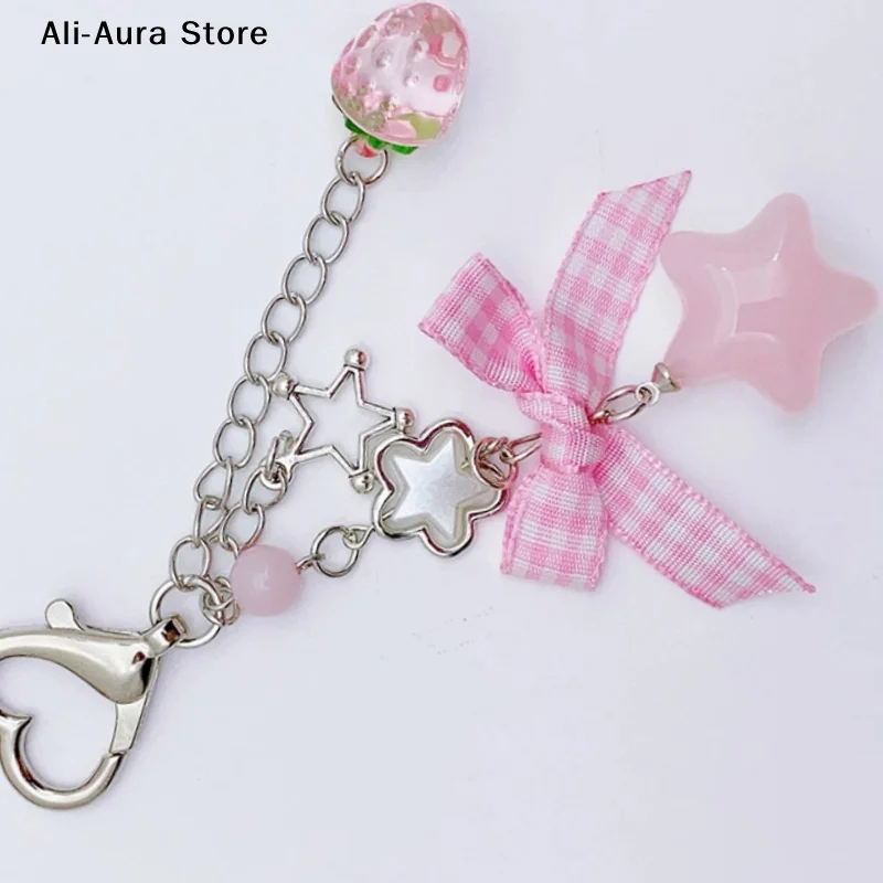 Fashion Strawberry Bow Beaded Mobile Phone Lanyard Sweet Keychain Pendant Camera Pendant Backpack Hanging Decoration Gifts