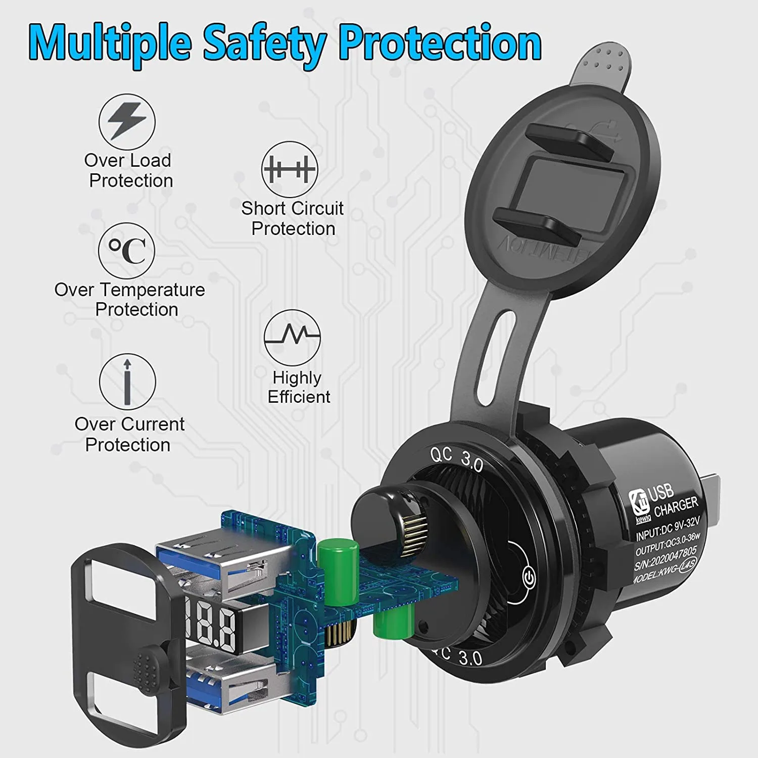 Classic-Quick Charge 3.0 Dual 12V USB Car , Aluminum Socket With Switch Button And Red Digital Voltmeter, Waterproof