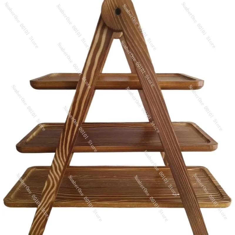 Foldable Three-Layer Wooden Tray Storage Rack, Made of Durable Paulownia and Acacia Wood, Perfect for Food Storage in Hot Pot