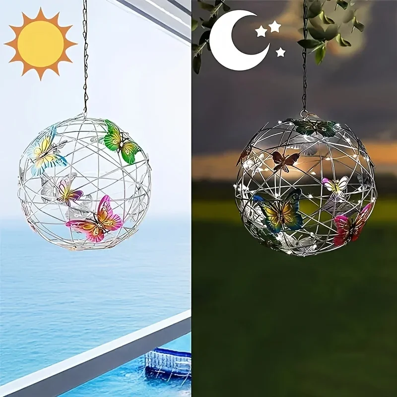 Solar-Powered Butterfly Ball Lantern, Outdoor Hanging LED Light, Plastic Solar Charging, Decorative Garden Light Sun lamp Psd