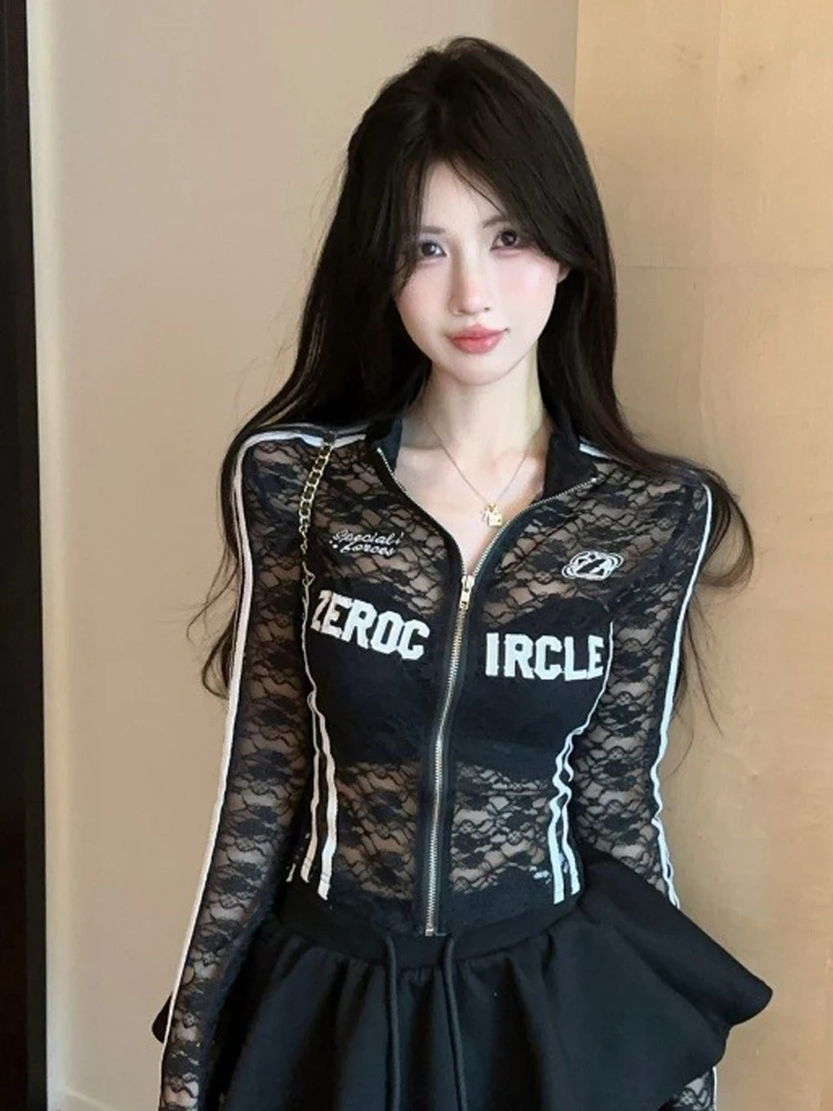 Top largo Sve con cuello irt de encaje transparente y rayas con estampado de letras para chica dulce y picante para mujeres jóvenes en China