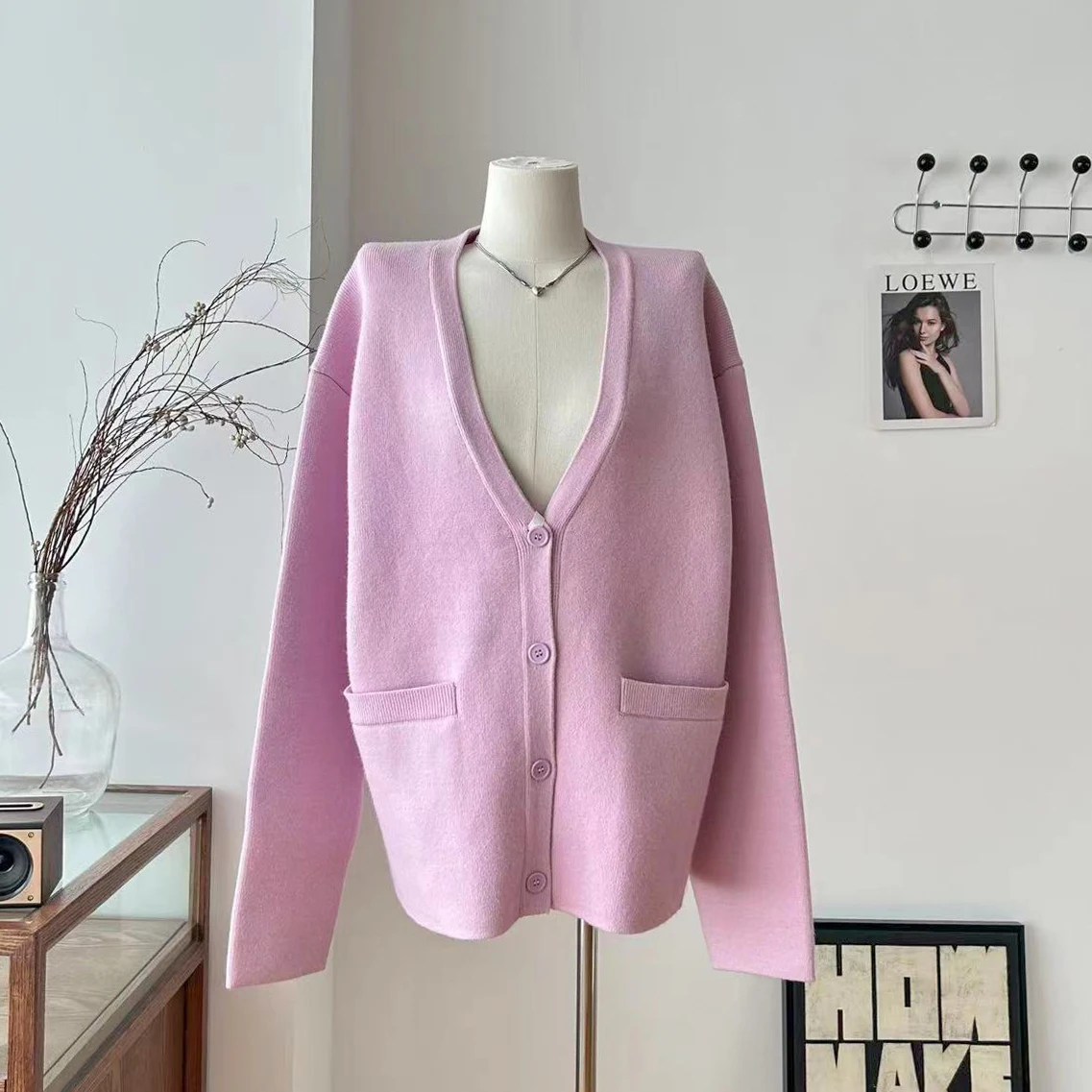 

Women's Autumn Winter Solid Color V Neck Long Sleeve Loose Cardigan Lady Lovely Pink Pockets Cardigan Outwear