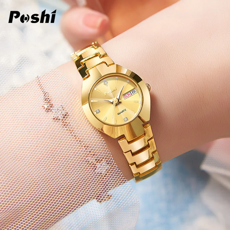 POSHI-reloj de cuarzo de marca suiza para mujer, pulsera elegante de acero inoxidable, sencillo, resistente al agua, luminoso, con fecha y semana,