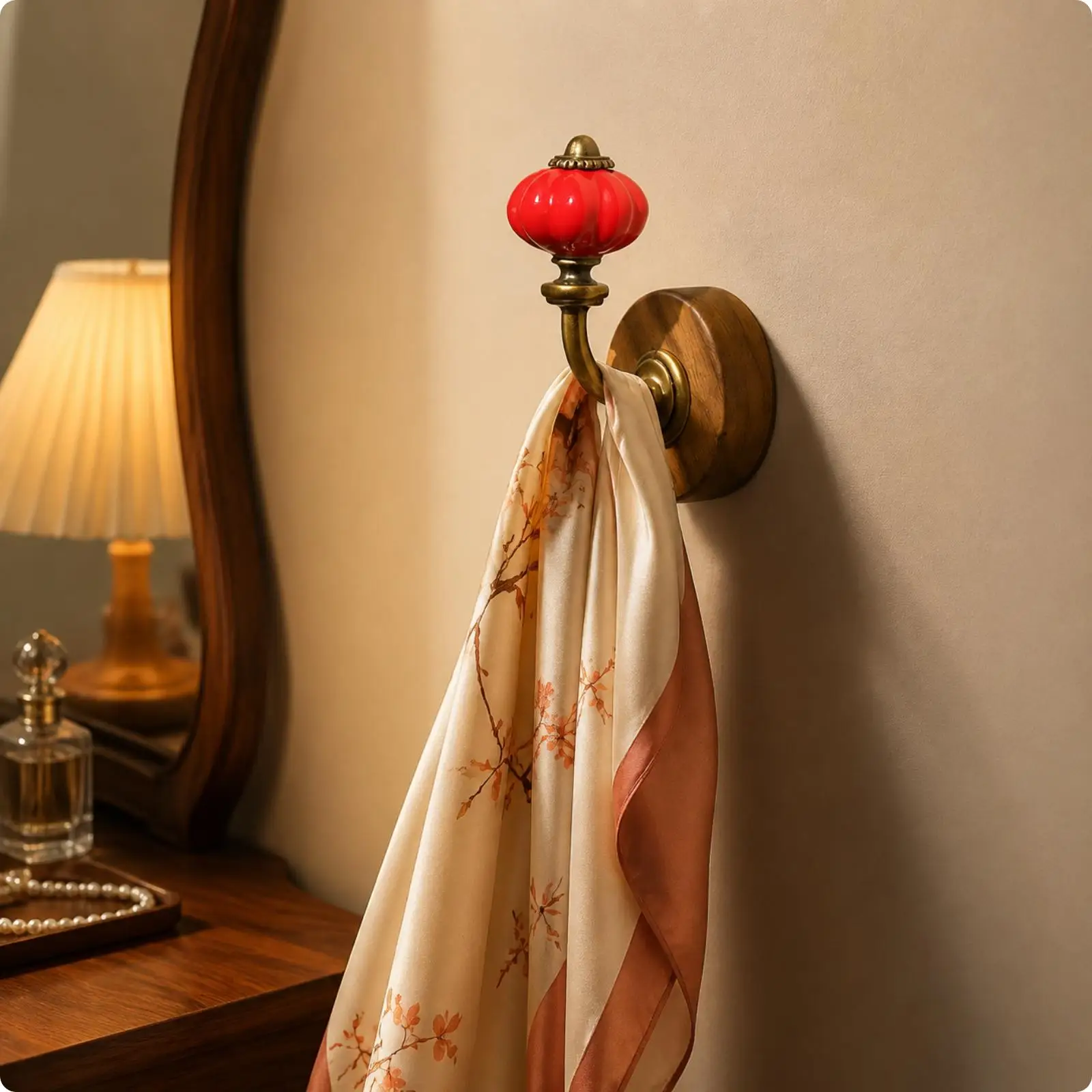 Rustic Walnut and Ceramic Wall Hook with Curved Metal Hanger for Hanging Light Items in Bathroom Entryway