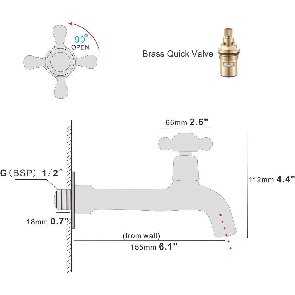 صنبور نحاسي مثبت على الحائط بمقبض متقاطع من الكروم لحوض الحمام والشرفة الخارجية #3