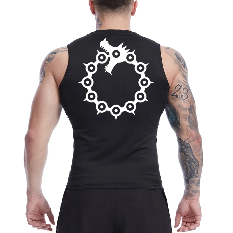 Anime Graphic Sleeveless Compression Shirt For Men Athletic Quick Dry Tank Tops Tees Gym Workout Fitness Running Vest Baselayers