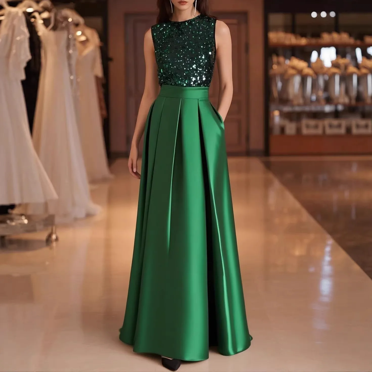 Abito da sera in raso senza maniche con scollo rotondo e corpetto di paillettes, linea ad A, lunghezza al pavimento, con tasche, per cerimonie, balli di fine anno e matrimoni