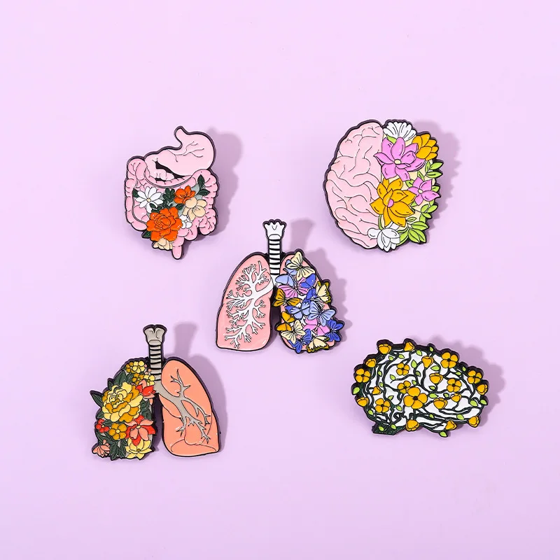 Creative Flower Organ Shape Pin Pink Brain Enamel Brooch Bone Chest Lung Metal Badge Accessories Wholesale Gifts for Friends