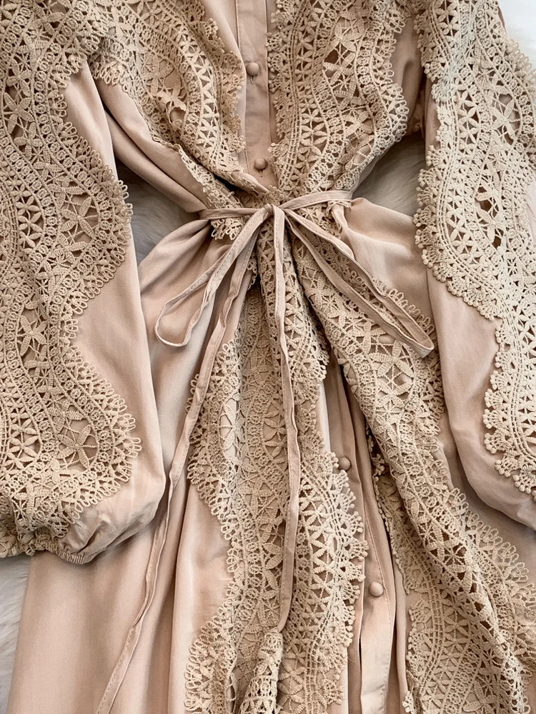 Elegant เสื้อแขนยาวผู้หญิง 2025 ใหม่ลูกไม้ Patchwork Maxi ชุดสีทึบพรรค Vestidos ชายหาดหลวม INKEO 5D148