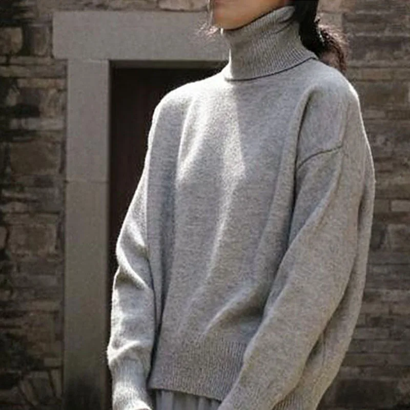 Automne et hiver col roulé couleur grise pull en laine femme ample chaud casual pull tricot pull ample veste hauts