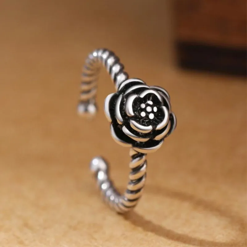 New Retro Personality Black Rose Creative Exquisite 925 Sterling Silver Jewelry Beautiful Flower Gift Opening Rings  R072