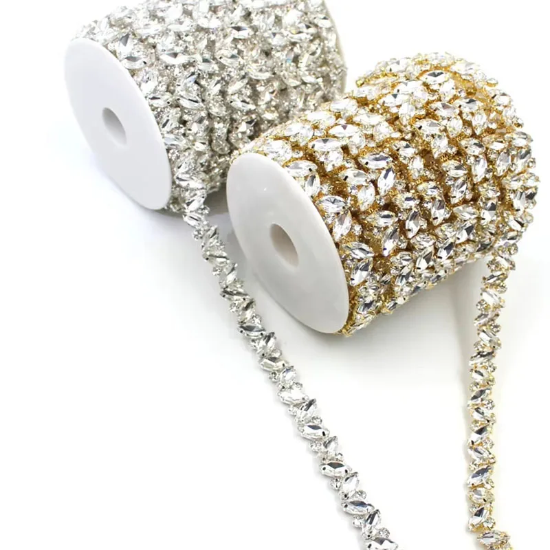 

CUIER Glittering Delicate Leaf Glass Rhinestone Trim Gold Silver Plating Crystal Chain DIY Bridal Decorative Accessories