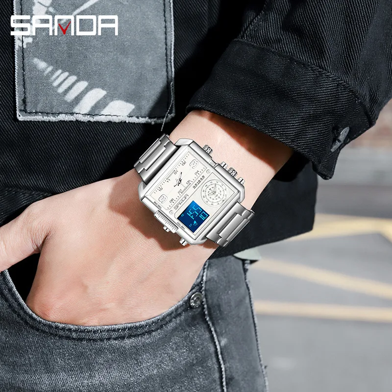 Free Shipping OUTLETSSanda6023Casual Business Men's Fashion Square Electronic Cool Steel Belt Luminous Watch