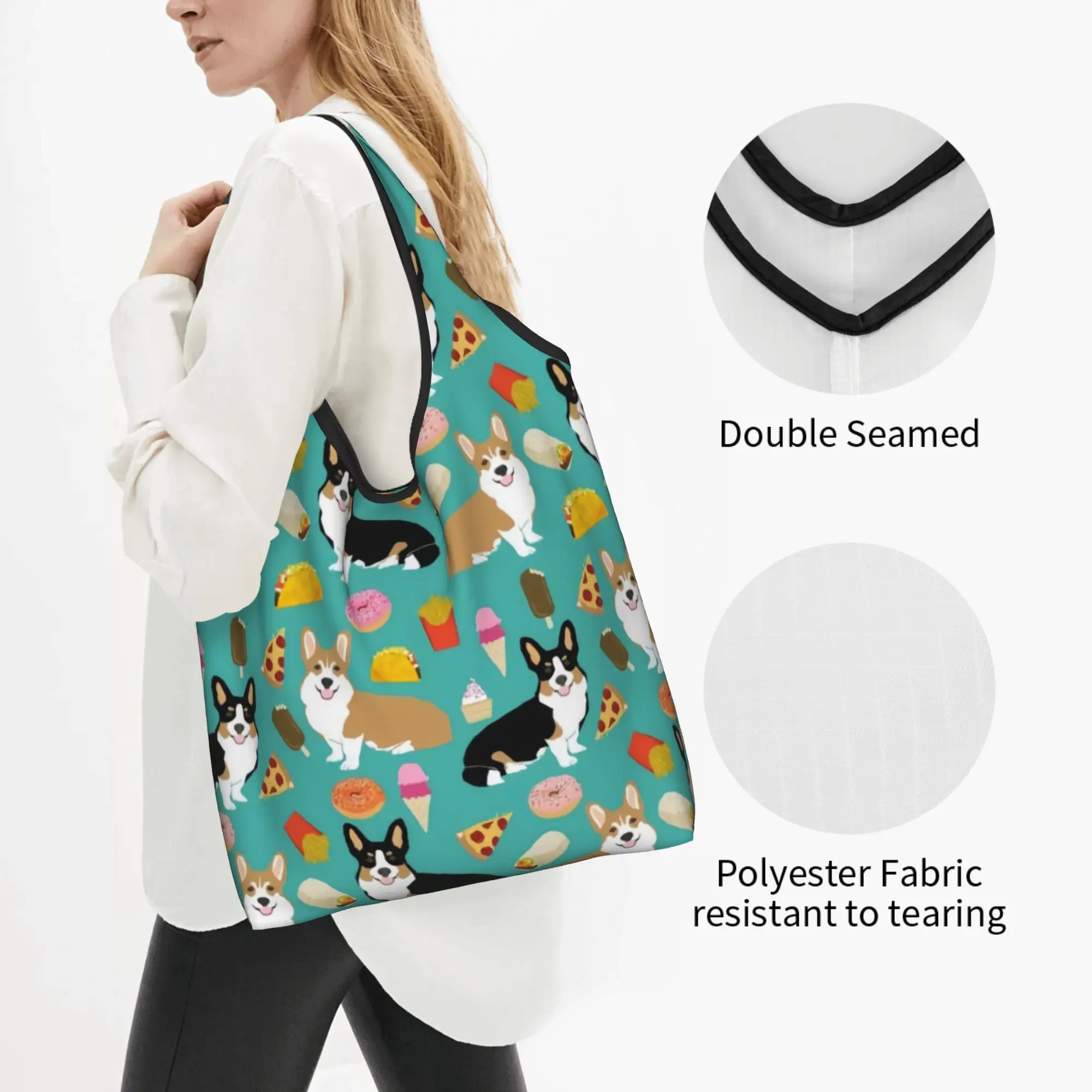 Cute Tacos Welsh Corgi Dog  Shopping Tote Bag Portable  Groceries Shoulder Shopper Bag