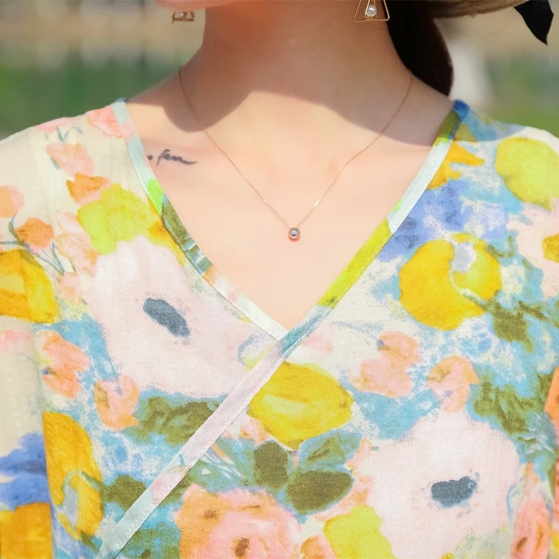 Hot Casual Summer Elegant Dresses for Women cotton and linen Floral Printing Mujer V-Neck Verano Mujer Woman Clothes