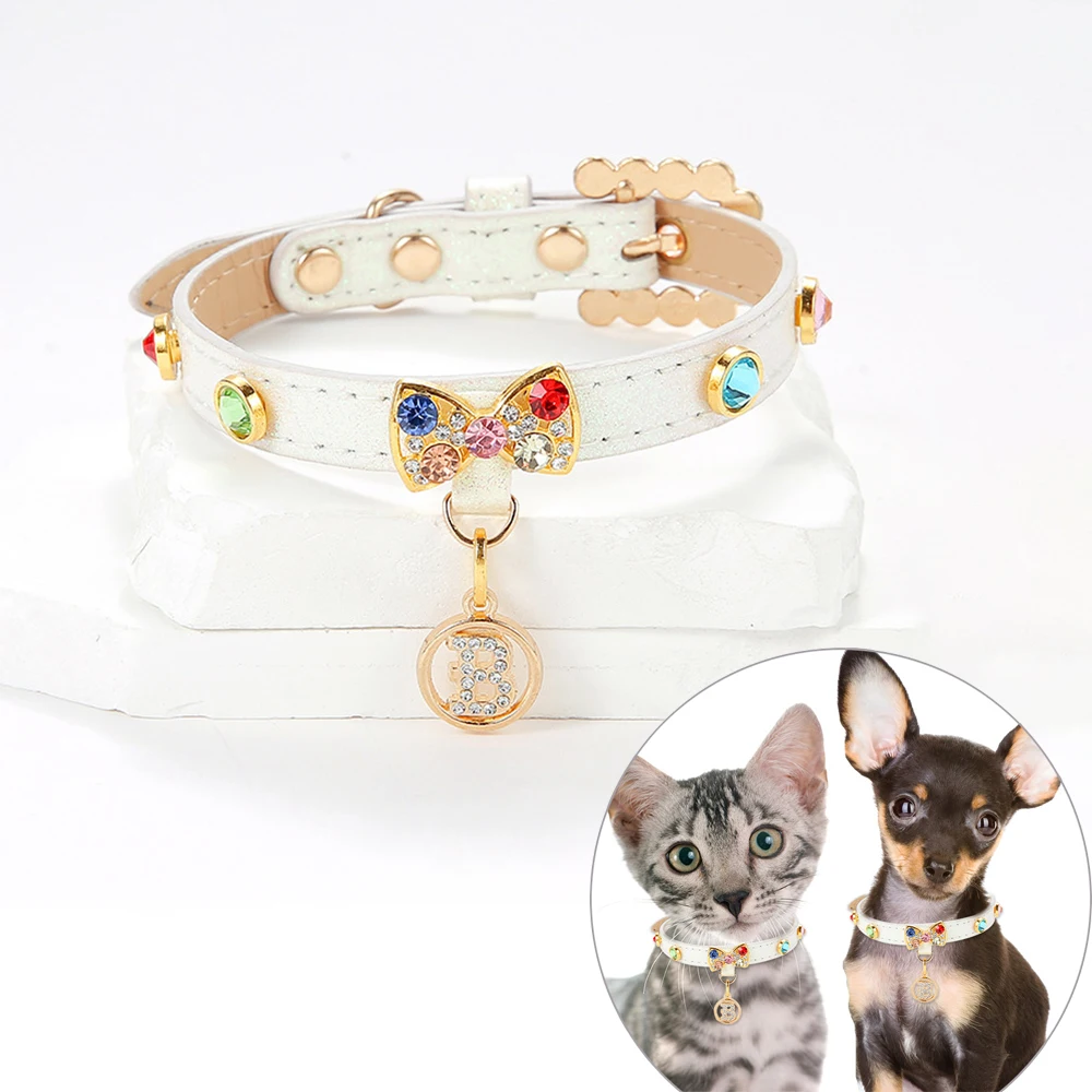 Luxury Diamond Puppy Collar Leather Pet Collar for Small Dogs Adjustable Necklace for Girl Dogs Cats with Rhinestone B Pendent