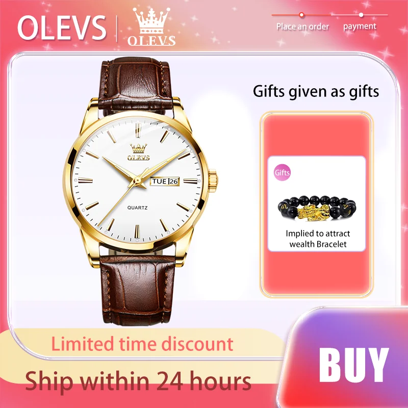 OLEVS-Relógio Quartz de Couro Masculino, Relógios Empresariais, Marca Original, Semana, Calendário, Moda, Impermeável, Relógio de Pulso Masculino, Luminoso