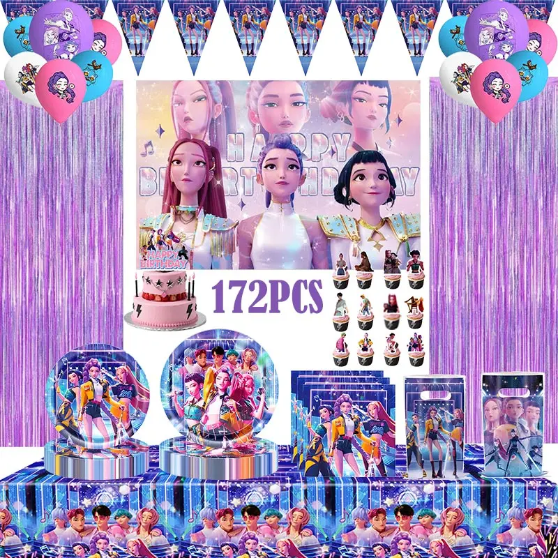 Décorations de fête d'anniversaire Demon Hunter Kpop, ensemble de vaisselle, tasse, assiette, nappe, Huntrix Kpop, ballon Anime, fournitures de bannière pour filles