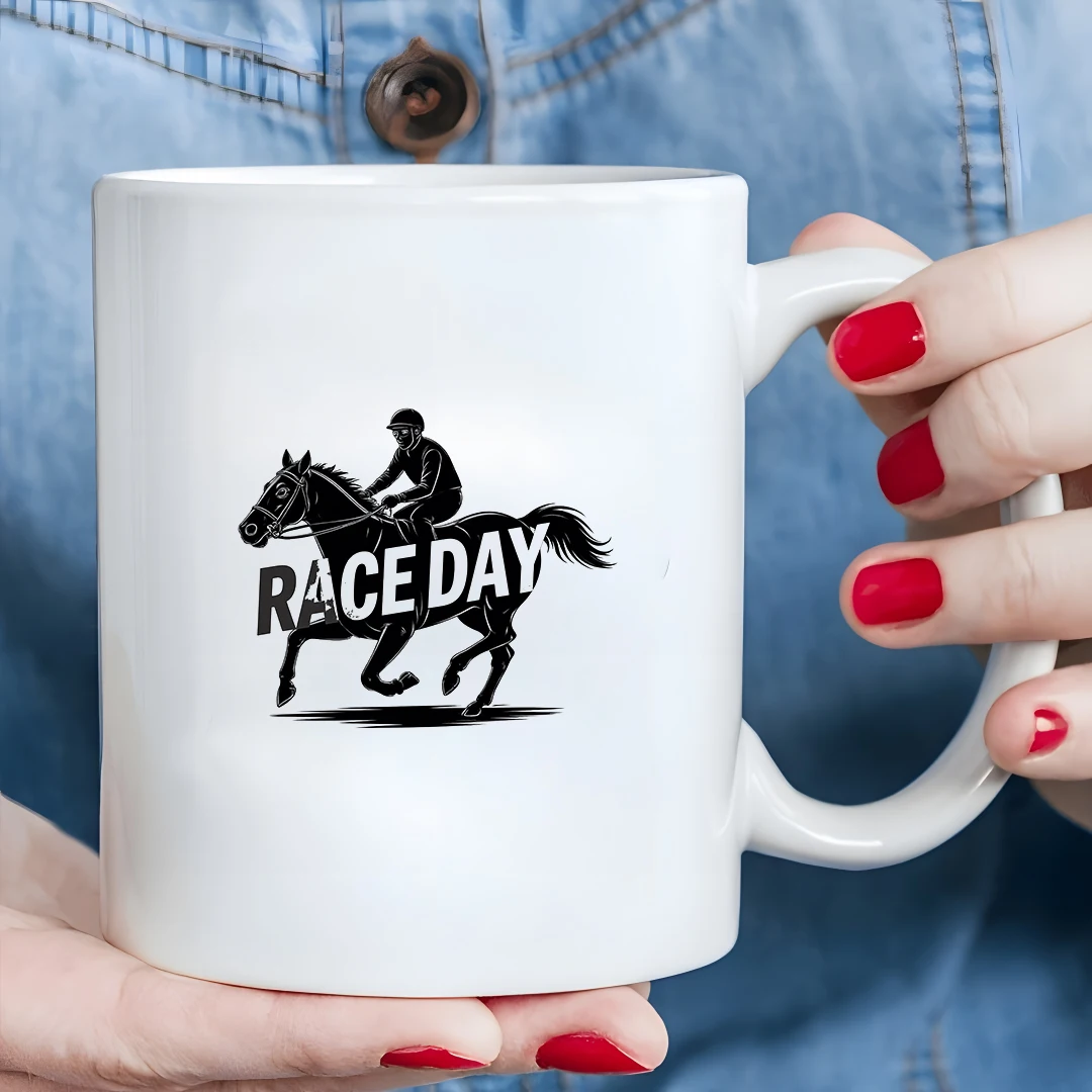 

Horse Racing Themed Black and White 11oz Kids Cold and Hot Beverage Cup Christmas Family Office Cup