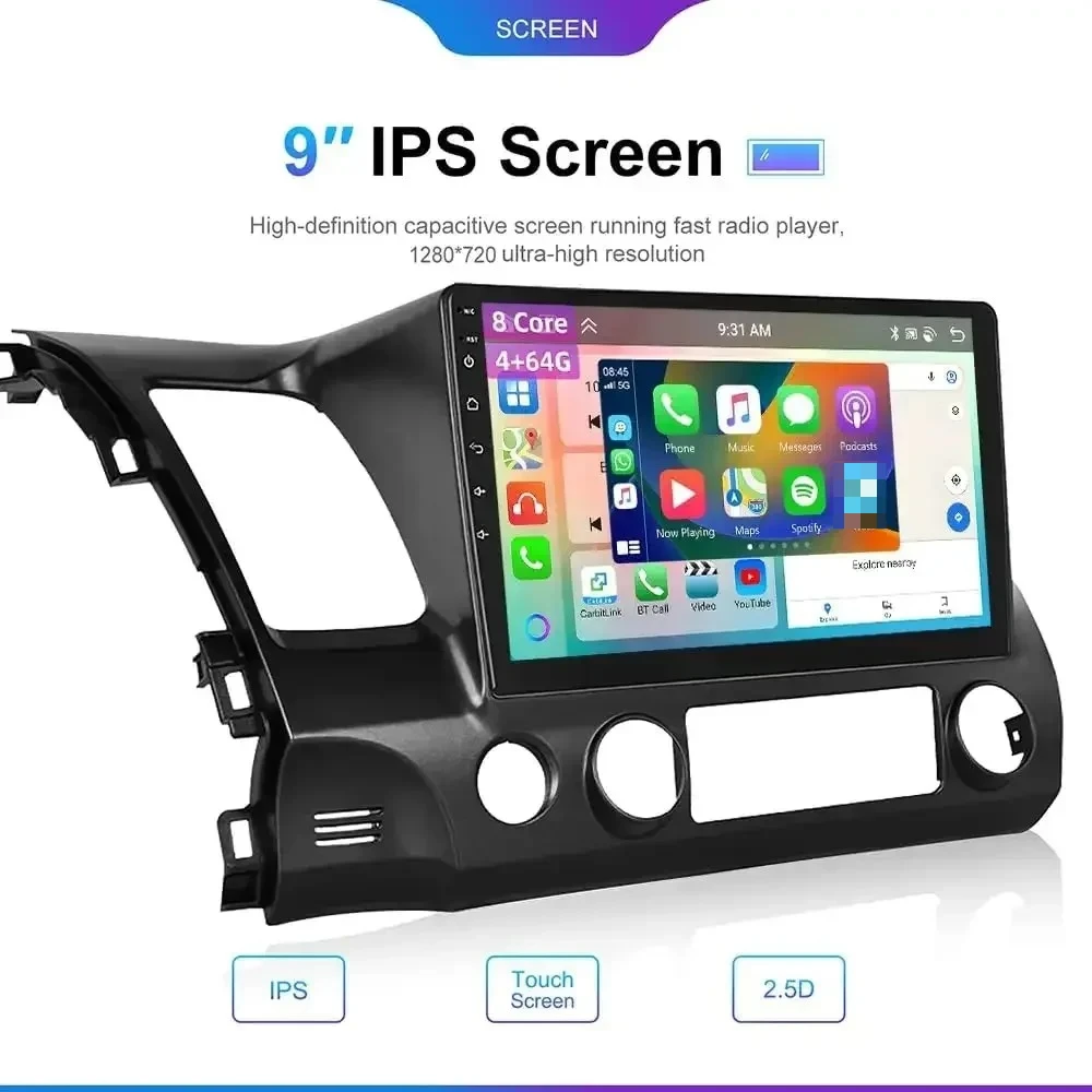 

Для Honda Civic Android 13 2006-2011 годов Автомобильная навигационная система 10 дюймов со встроенным CarPlay + Android Auto/4 + 64 ГБ — левый руль