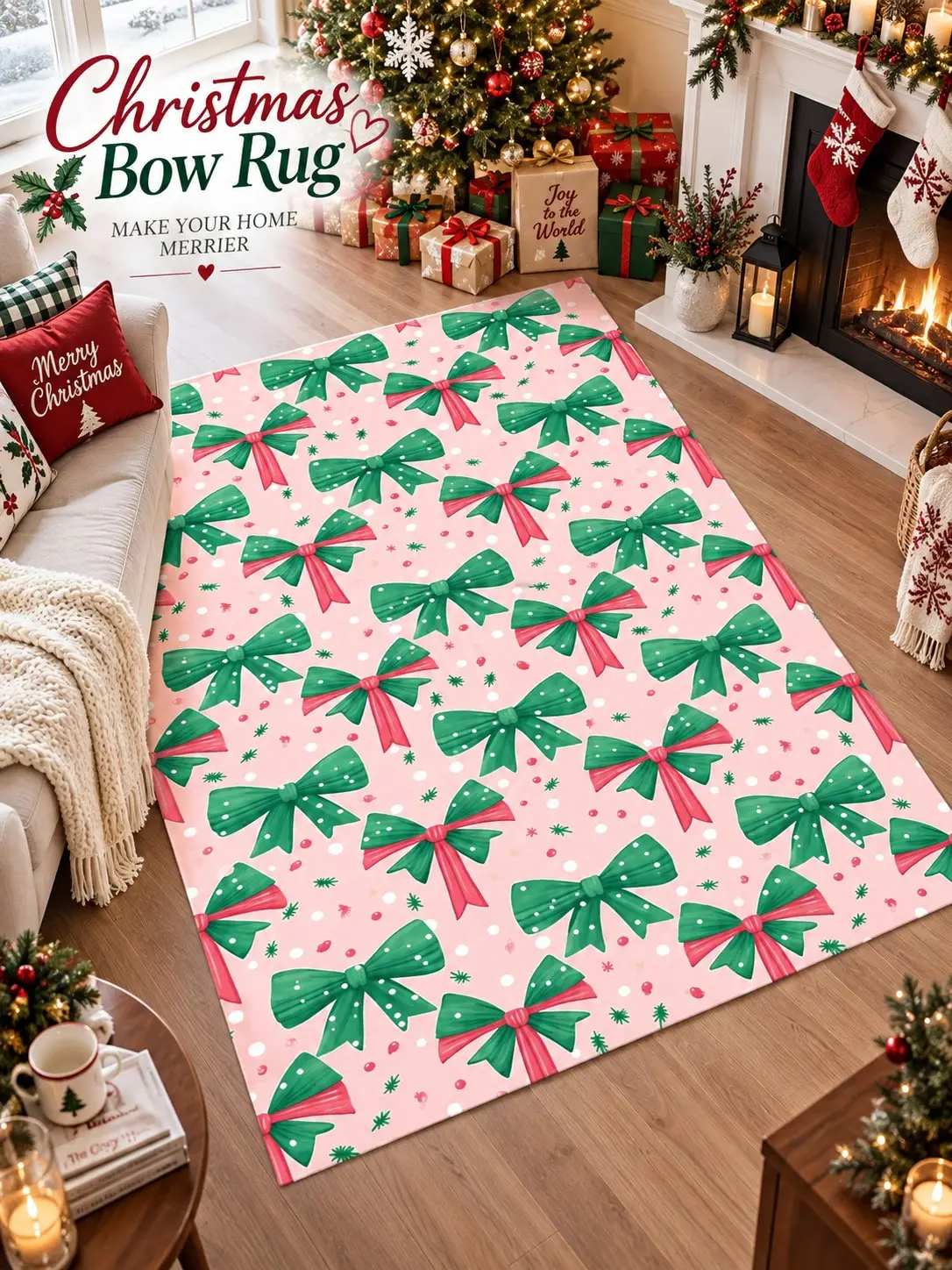 Christmas Pink Rug Bow Dot Ribbon Arrangement Floor Carpet Living Room Bedroom Dining Area Entryway Hallway Apartment Home Styling Beside Sofa Coffee Table Bed Thanksgiving Housewarming Birthday Anniversary Gift for Family Friends Neighbors