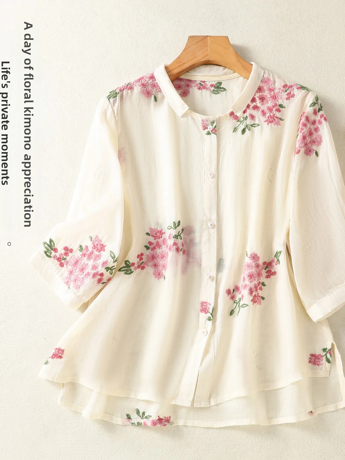 Ele feminino bordado linho irt t-quarto sve gola primavera verão novo sle floral impressão solta ajuste topo