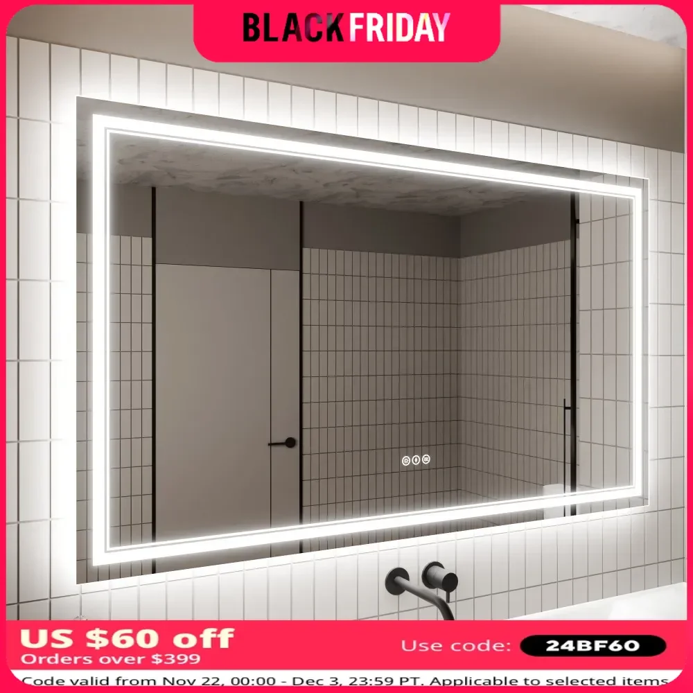 Vanity Mirror with LED Light, Anti Fog, Dimmable,Tricolor TemperaturE, Both Vertical and Horizontal Wall Mounted, Vanity Mirror