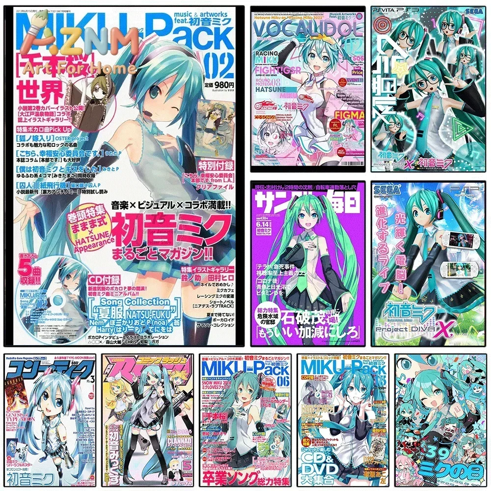 AZNM Hatsune Miku Magazine Cover Canvas Painting, Frameless Canvas Wall Art, Anime Character Wall Painting for Bedroom Living