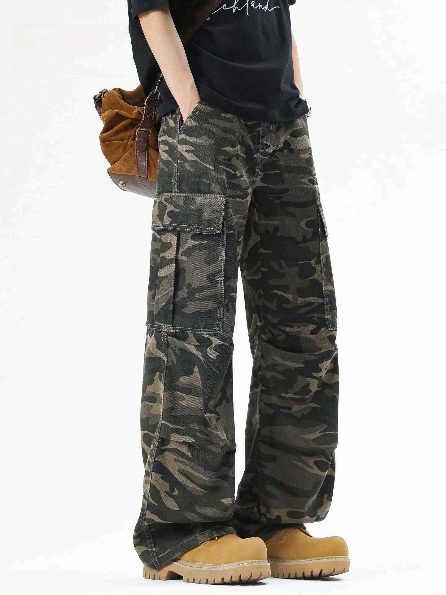 

American Retro Camouflage Workwear Pants Men's Loose Straight Leg Trousers with Large kets High Street Long Trousers