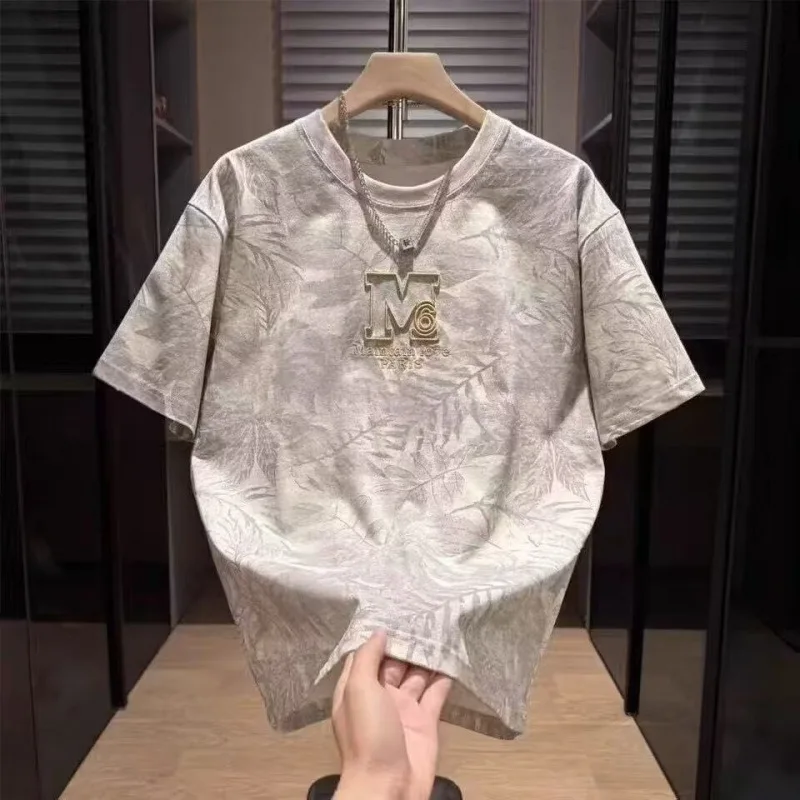 QICHE Men Loose Fit Letter Embroidery Crew Neck Short Sleeve T-Shirt Summer Casual Fashion Top For Southeast Asia Market