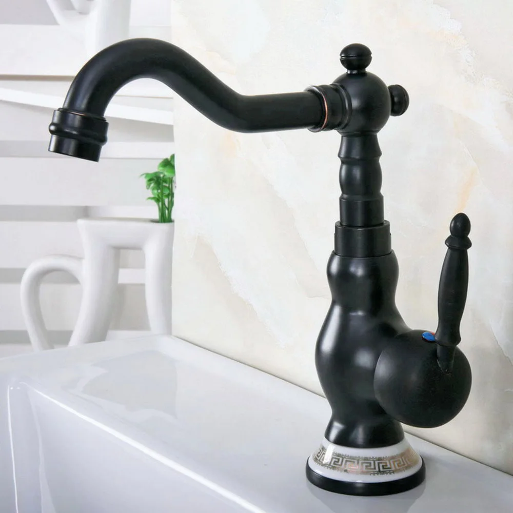 

Basin Faucet Black Color Brass Porcelain Base Bathroom Sink Swivel Mixer Tap Hot and Cold Water faucets Bnf659