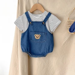 2024 Summer Baby Clothing Set Newborn Girls Striped T-shirt and Denim Bodysuits 2Pcs Boys Cool Suits