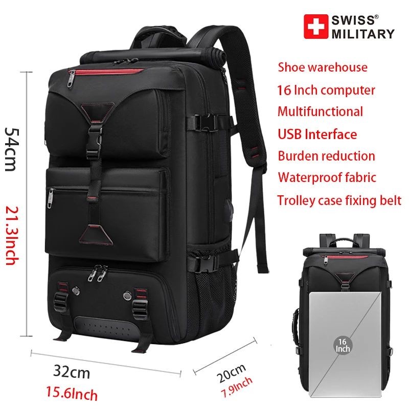 SWISS MILITARY 50L Travel Backpack Large Capacity Waterproof Back Pack Shoe Bag Sport Fitness Backpacks 16 Laptop Bags Mochila