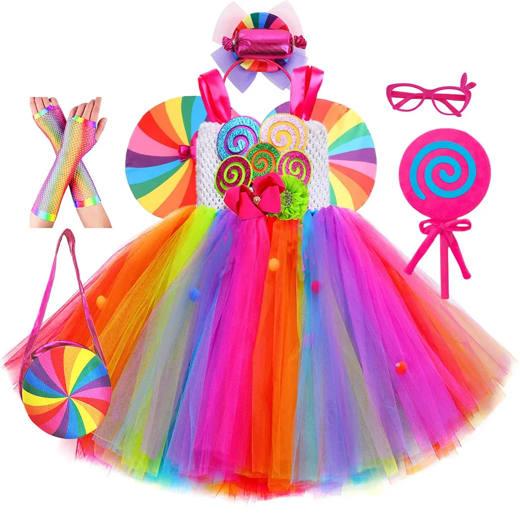 Rainbow Tutu Dress Cute Girls Sweet Lollipop Cosplay Dress up Purim Festival Celebration Costume Candy Design Girls Tutu Dress