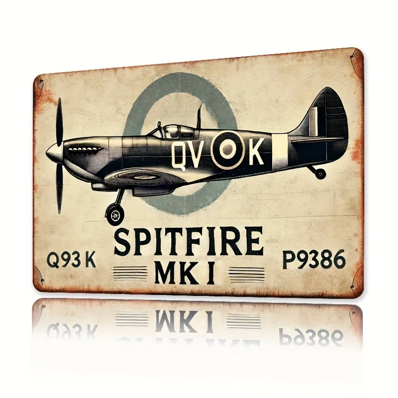 Room Decor  Vintage Aircraft Metal Sign, , QVOK Spitfire P93K MKI Iron Wall Art, Retro Poster for Bathroom, Kitchen, Dining, Bed