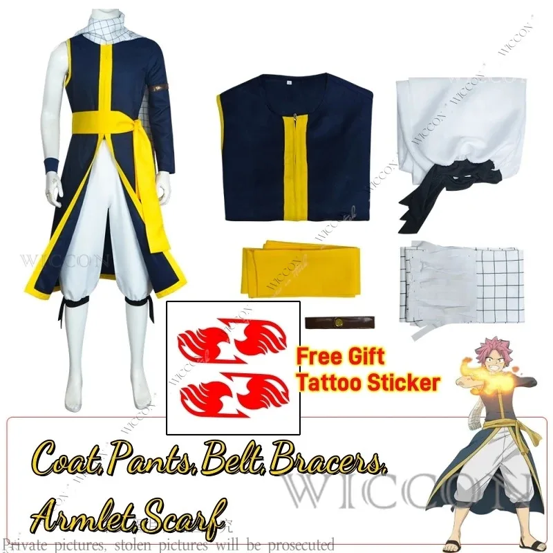 CyNatsu Dragneel Anime FAIRY Cos Man TAIL 코스프레 의상 가발 문신 스티커 성인 남성 역할 놀이 유니섹스 할로윈 불의 용