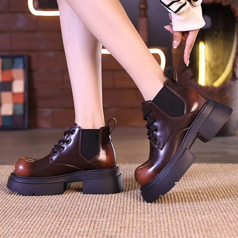 

Fashion Autumn Boots for Women Genuine Leather Retro Ankle Boots Thick-Soled Heightened Tooling Women High-Top Zipper Boots