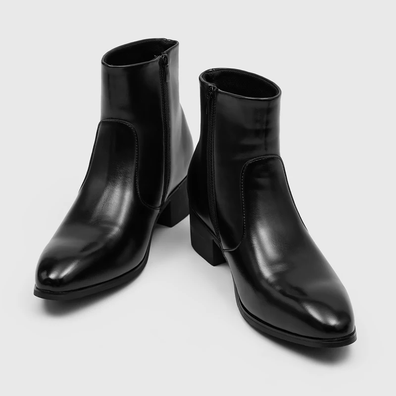 Black Pointed Side Zipper Men Chelsea Short Boots Simple British Style Height Increasing Non Slip Comfortable Daily Commuting