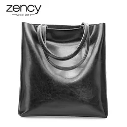 Zency 100% Genuine Leather Vintage Women Shoulder Bag High Quality Fashion Brown Large Capacity Shopping Bags Black Tote Handbag