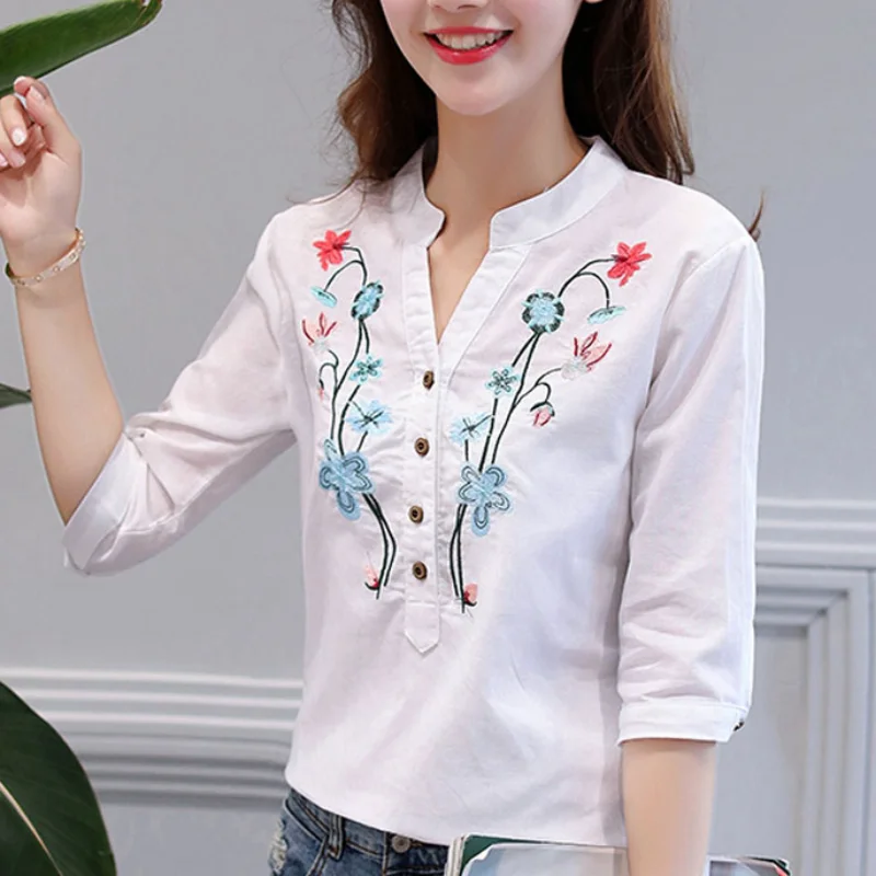 Autumn Cotton Linen V-Neck Blouse Shirt Women Summer Half Sleeve Fashion White OL Blouse V-neck Casual Women Tops Blusas D377