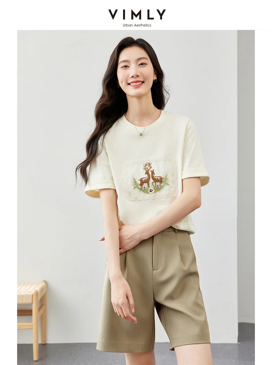 

VIMLY Cotton Loose Short Sleeve T-shirt Women Summer New Soft Basics Slim Blouses Deer Embroidered Printed Soild Round Neck Top