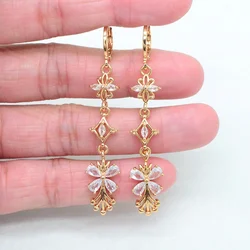 Gold Color Women Fashion Clear Zircon CZ Long Flower Drop Earrings Jewelry