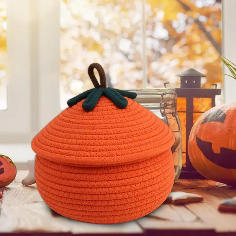 Halloween Woven Pumpkin Basket with Lid Candy Basket Multi-Function Storage Basket Decorative for Candy Snacks Toys