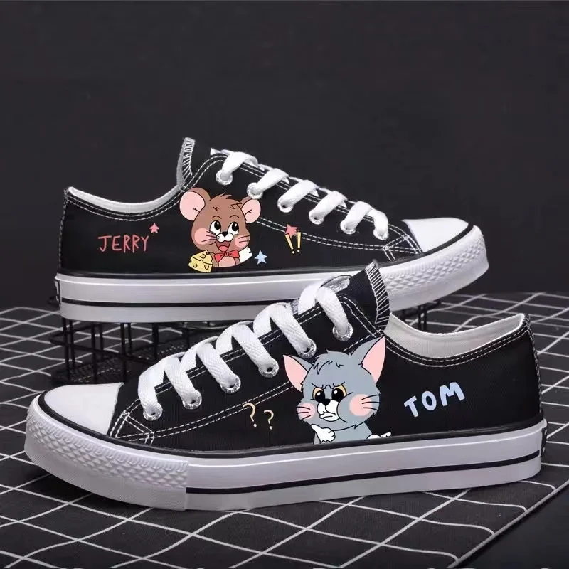 real photo 2025 new cat and mouse student Canvas shoes Unique Design Casual Tom and Jerry women's shoes black white sneaker