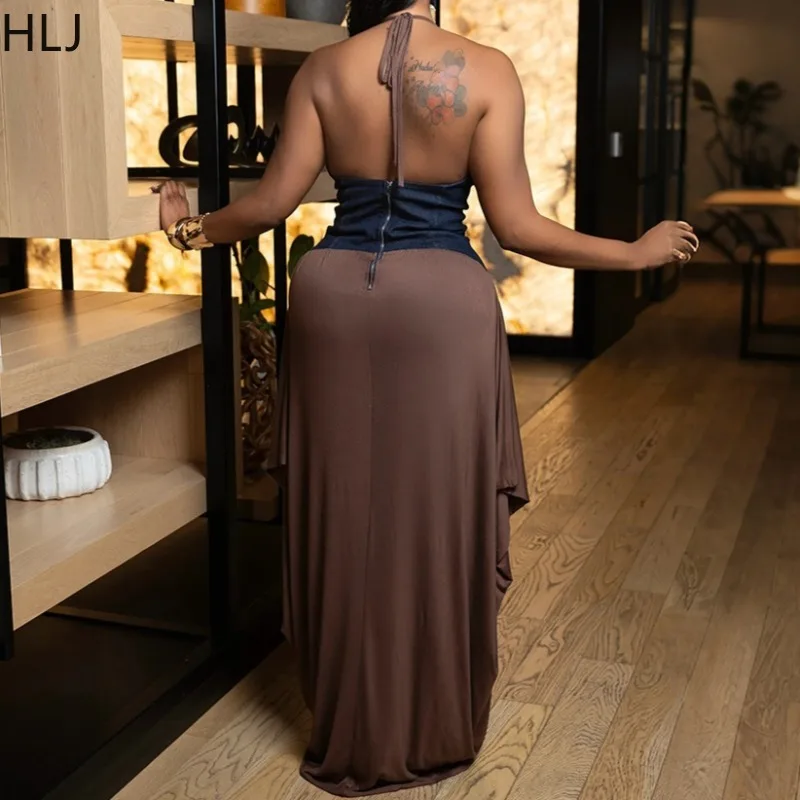 HLJ مثير غير النظامية Ruched المرقعة Bodycon فستان طويل المرأة الرسن العميق الخامس الرقبة عارية الذراعين فستان ماكسي الإناث الشارع الشهير 2025 جديد