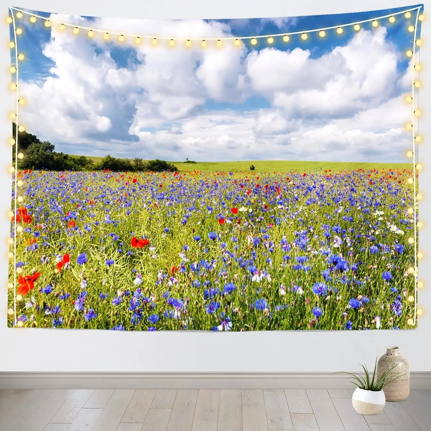 Wildflower Meadow Tapestry, Blue Cornflower Red Poppy Green Field Cloud Sky Nature Print Wall Cloth,Fresh Decor For Bedroom Home